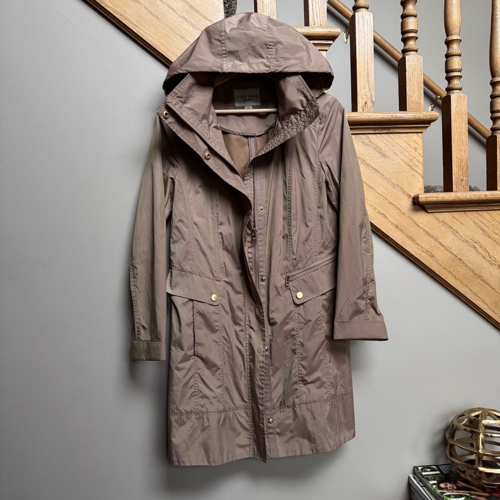Cole Haan Women Hooded Trench Rain Coat Jacket S Travel Iridescent Utility Artsy